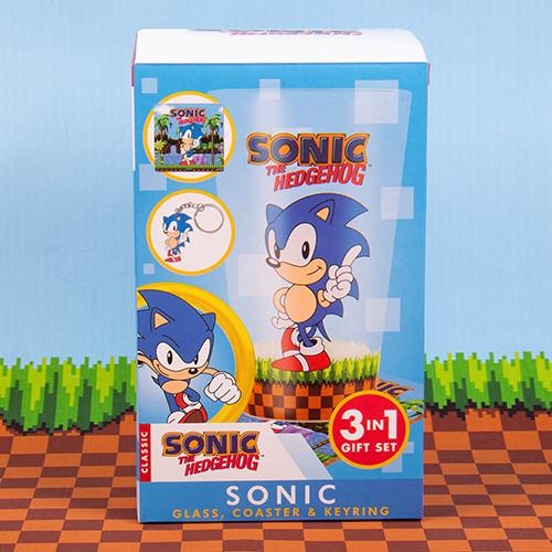 Sonic the Hedgehog gift set: glass, coaster & keyring / zestaw prezentowy Sonic the Hedgehog: szklanka, podkładka, brelok