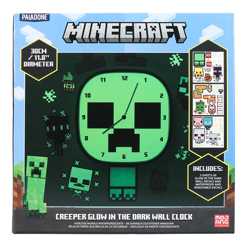 Minecraft Creeper Glow In The Dark Wall Clock with set of stickers / Minecraft Creeper zegar ścienny świecący w ciemności plus zestaw naklejek