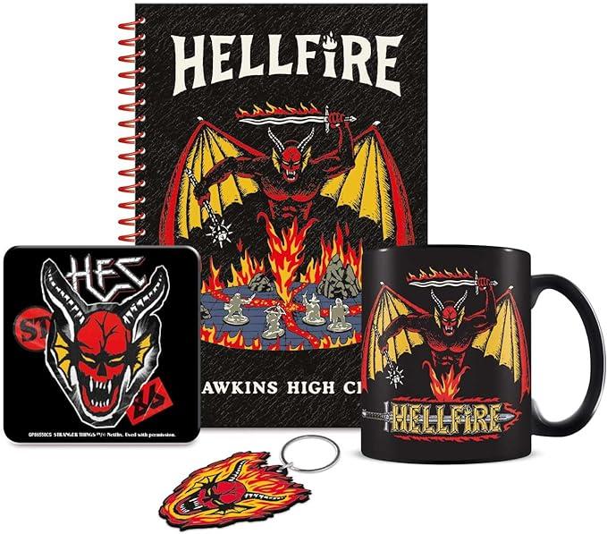 STRANGER THINGS (HELLFIRE CLUB) BUMPER GIFT SET (MUG, COASTER, KEYCHAIN & NOTEBOOK) / zestaw prezentowy Stranger Things (Hellfire club): kubek, podkładka, brelok, notatnik