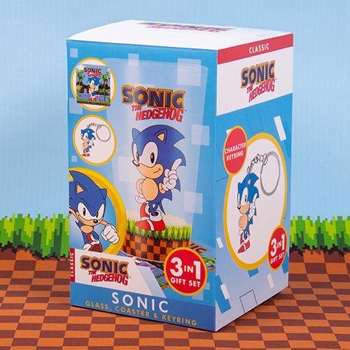 Sonic the Hedgehog gift set: glass, coaster & keyring / zestaw prezentowy Sonic the Hedgehog: szklanka, podkładka, brelok