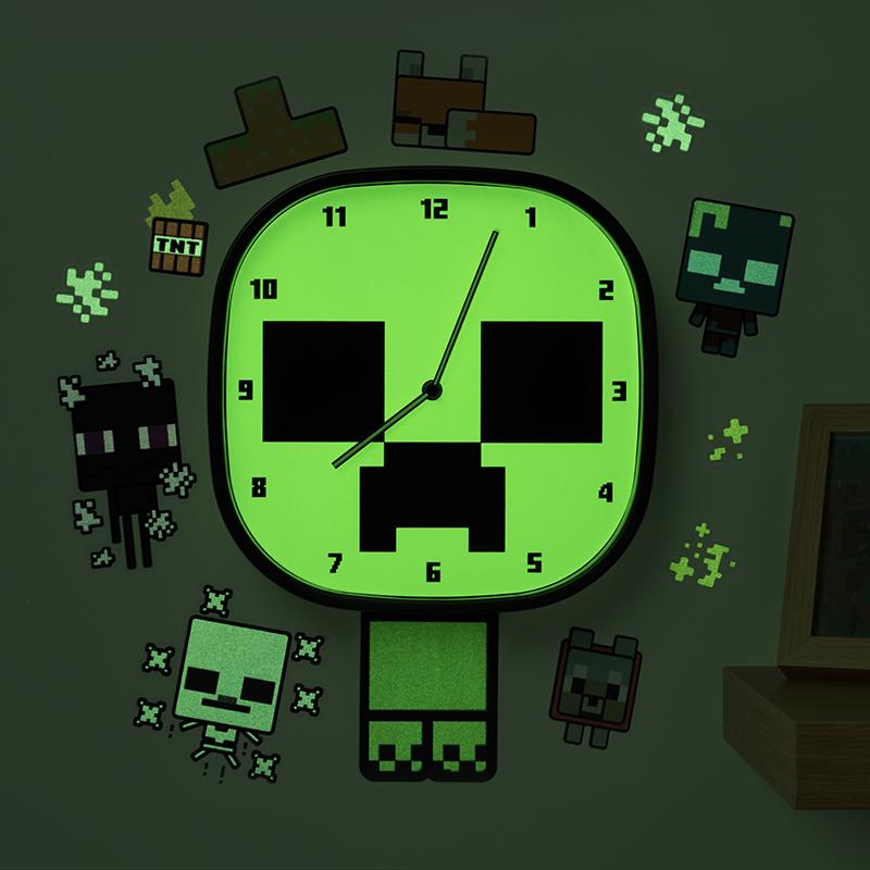 Minecraft Creeper Glow In The Dark Wall Clock with set of stickers / Minecraft Creeper zegar ścienny świecący w ciemności plus zestaw naklejek