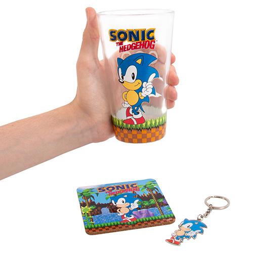 Sonic the Hedgehog gift set: glass, coaster & keyring / zestaw prezentowy Sonic the Hedgehog: szklanka, podkładka, brelok