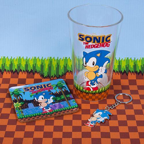 Sonic the Hedgehog gift set: glass, coaster & keyring / zestaw prezentowy Sonic the Hedgehog: szklanka, podkładka, brelok